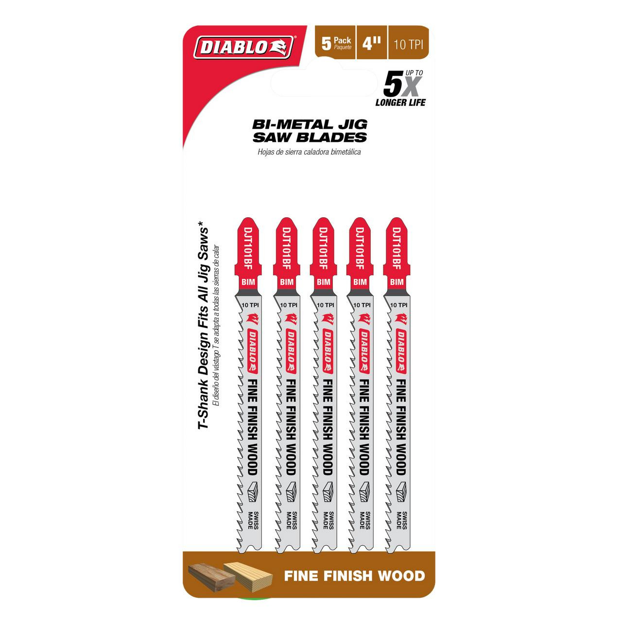  Freud Diablo 4 in. 10 TPI Bi-Metal T-ShankJig Saw Blades for Fine Finish Cuts in Wood DJT101BF5 