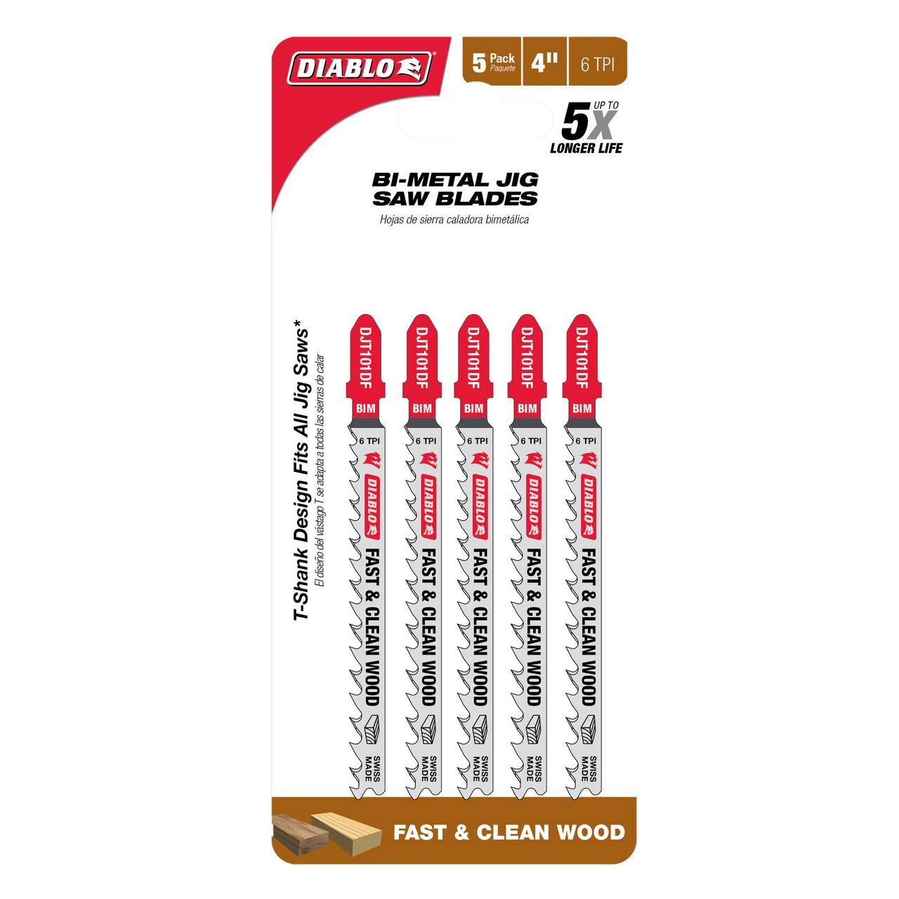  Freud Diablo 4 in. 6 TPI Bi-Metal T-Shank Jig Saw Blades for Fast Cuts in Wood DJT101DF5 