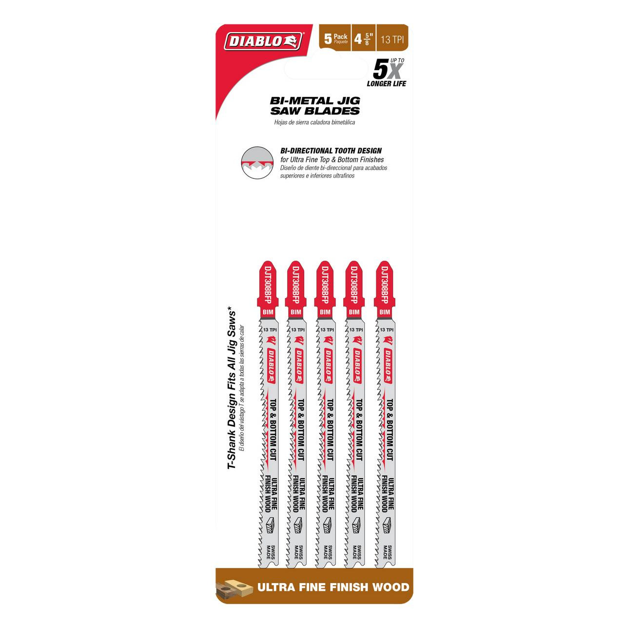  Freud Diablo 4-5/8 in. 13 TPI Bi-Metal T-Shank Jig Saw Blades for Ultra Fine Finish Cuts in Wood DJT308BFP5 