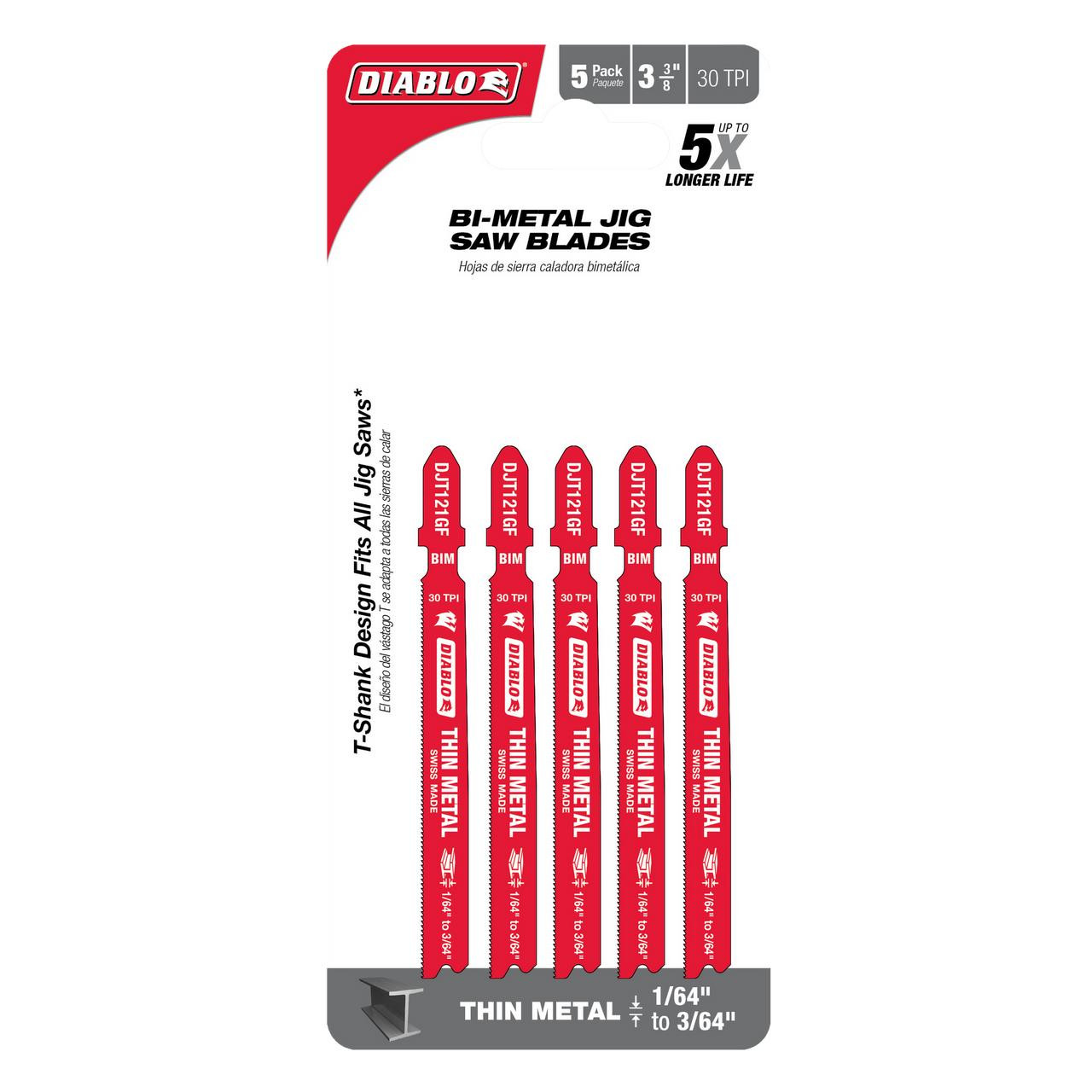  Freud Diablo3-5/8 in. 30 TPI Bi-Metal T-Shank Jig Saw Blades for Thin Metal DJT121GF5 