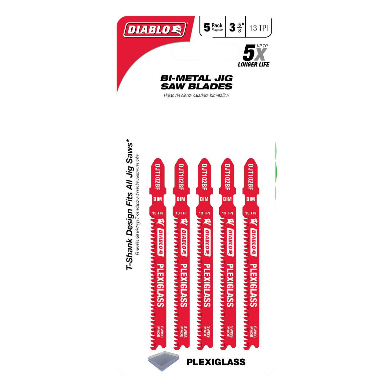  Freud Diablo 3-5/8 in. 13 TPI Bi-Metal T-Shank Jig Saw Blades for Plexiglass DJT102BF5 