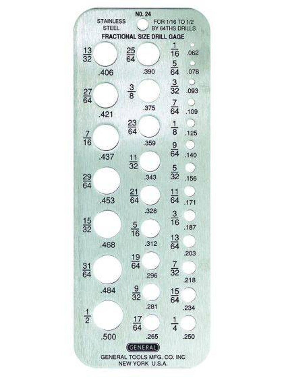 24 Fractional Drill Gauge, Hobby Drill Gauge for 1/16" to 1/2" Size Bits, Stainless Steel 24