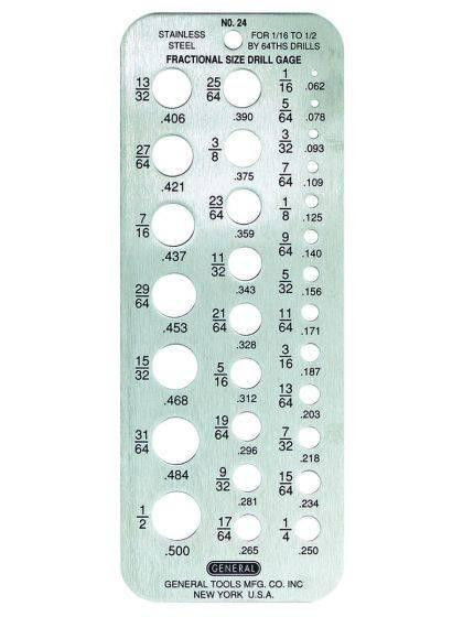General Tools 24 Fractional Drill Gauge, Hobby Drill Gauge for 1/16" to 1/2" Size Bits, Stainless Steel 24 
