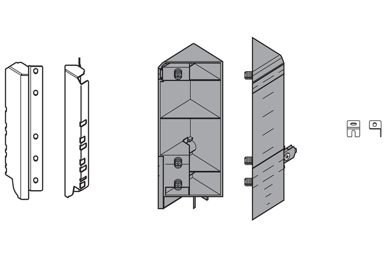 Blum ZSF.535E.D TANDEMBOX Space Corner Set (Front & Rear Brackets), D Height with Design Elements, Dust Gray/Nickel