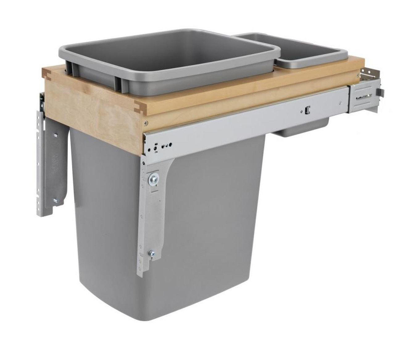  Rev-A-Shelf Single 35 Qt. Pull-Out Top Mount Wood and Silver Waste Container with Ball-Bearing Soft-Close Slides 4WCTM-12BBSCDM1 
