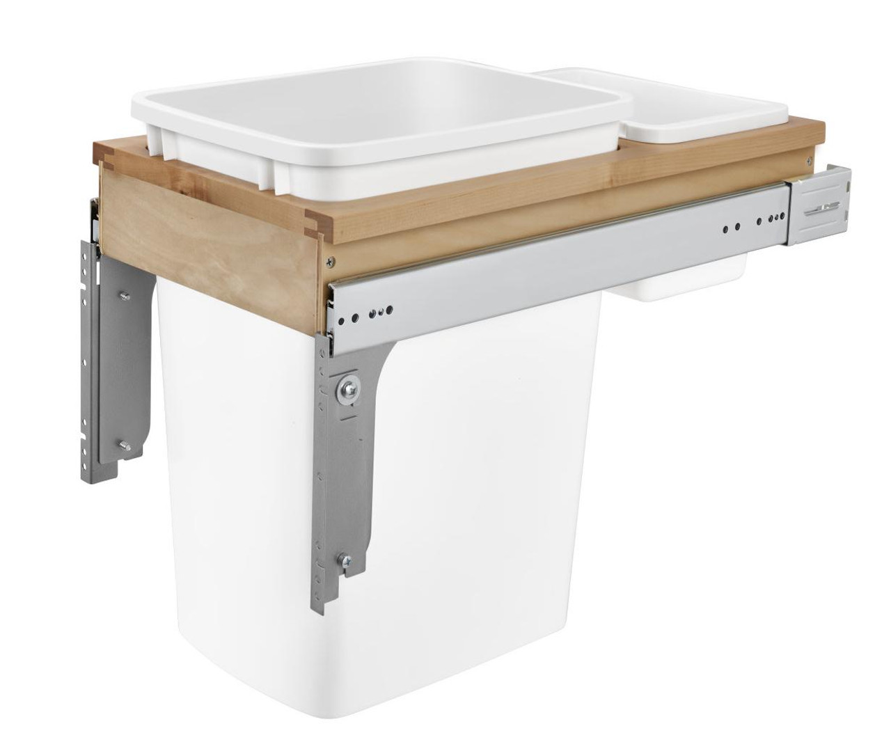  Rev-A-Shelf Single 35 Qt. Pull-Out Top Mount Wood and White Waste Container for Full Access Cabinet 4WCTM-12DM1-343-FL 