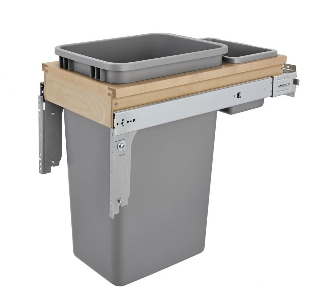  Rev-A-Shelf Single 50 Qt. Pullout Top Mount Wood and Silver Waste Container with Ball-Bearing Soft-Close Slides 4WCTM-1550BBSCDM-1 