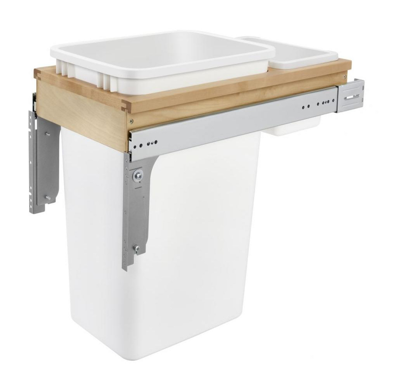  Rev-A-Shelf Single 50 Qt. Pullout Top Mount Wood and White Waste Container for 1-1/2" Face Frame Cabinet 4WCTM-1550DM-1 