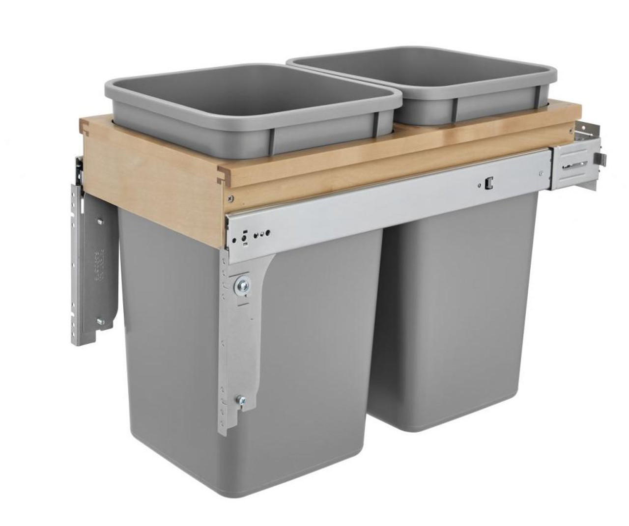  Rev-A-Shelf Double 27 Qt. Pullout Top Mount Wood and Silver Waste Container with Ball-Bearing Soft-Close Slides 4WCTM-15BBSCDM2 