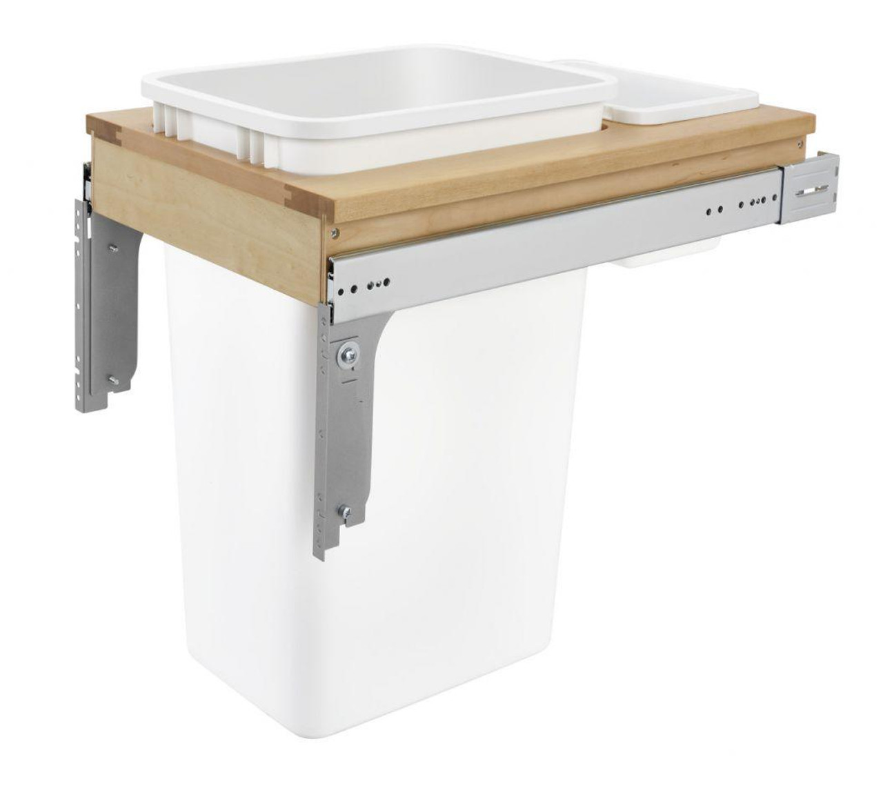  Rev-A-Shelf Single 50 Qt. Pullout Top Mount Wood and White Waste Container for 15" W 1-1/2" Face Frame 4WCTM-1850DM-1 