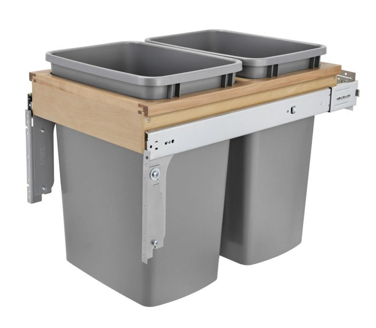  Rev-A-Shelf Double 35 Qt. Pullout Top Mount Wood and Silver Waste Container with Ball-Bearing Soft-Close Slides 4WCTM-18BBSCDM2 