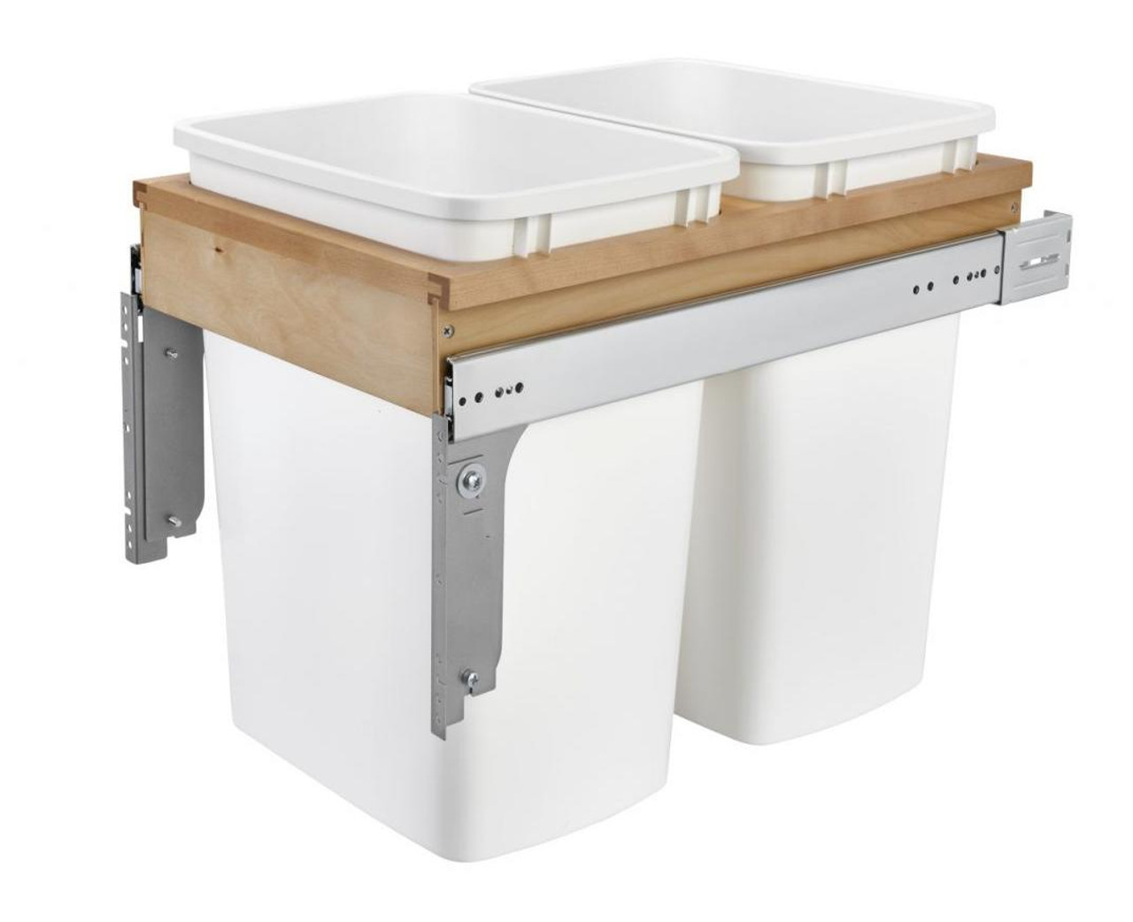  Rev-A-Shelf Double 35 Qt. Pullout Top Mount Wood and White Waste Container for 1-3/4" Face Frame Cabinet 4WCTM-18DM2-175 
