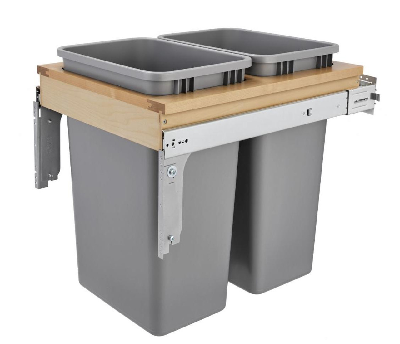  Rev-A-Shelf Double 50 Qt. Pullout Top Mount Wood and Silver Waste Container with Ball-Bearing Soft-Close Slides 4WCTM-2150BBSCDM-2 