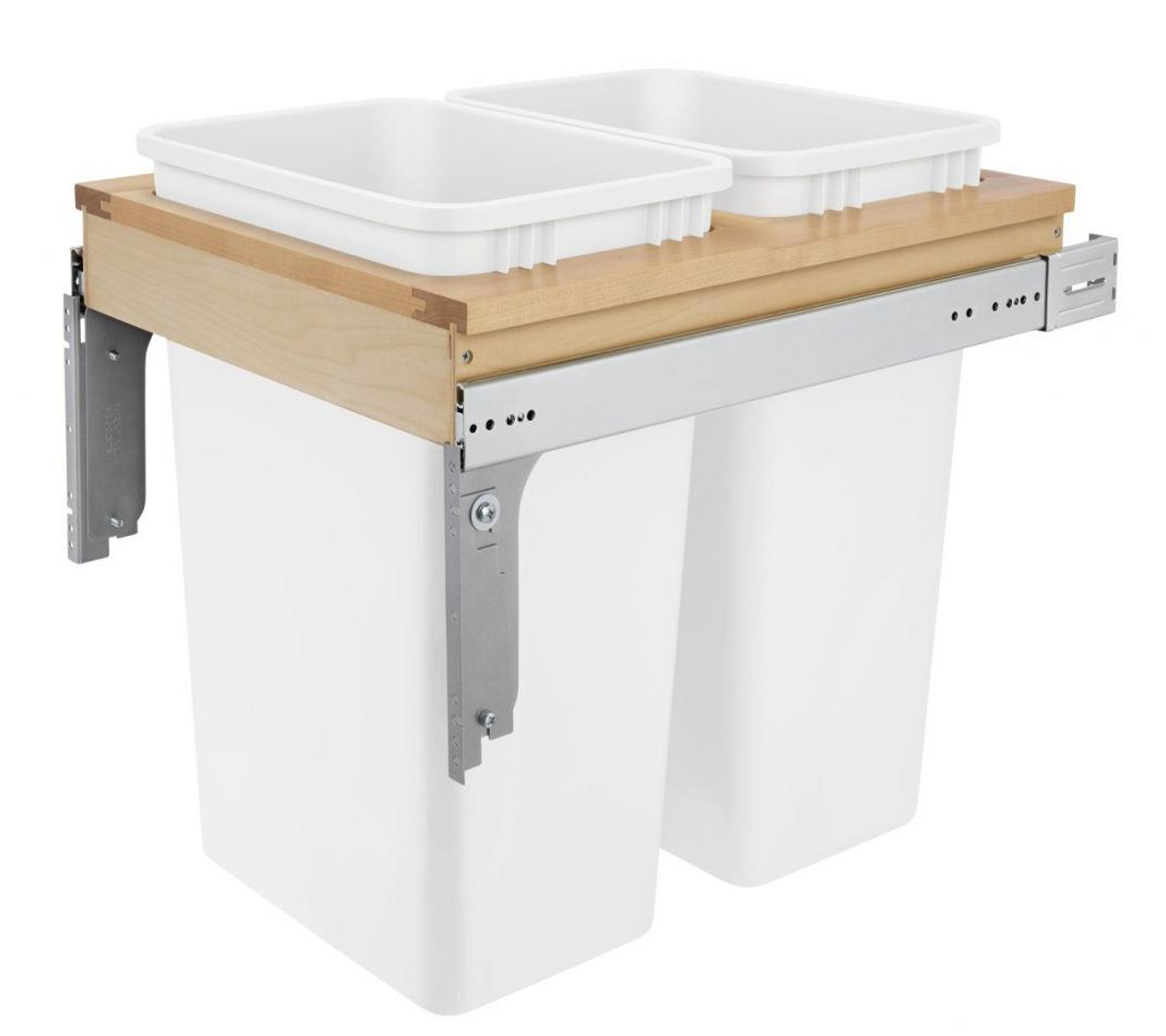  Rev-A-Shelf Double 50 Qt. Pullout Top Mount Wood and White Waste Container for 1-1/2" Face Frame Cabinet 4WCTM-2150DM-2 