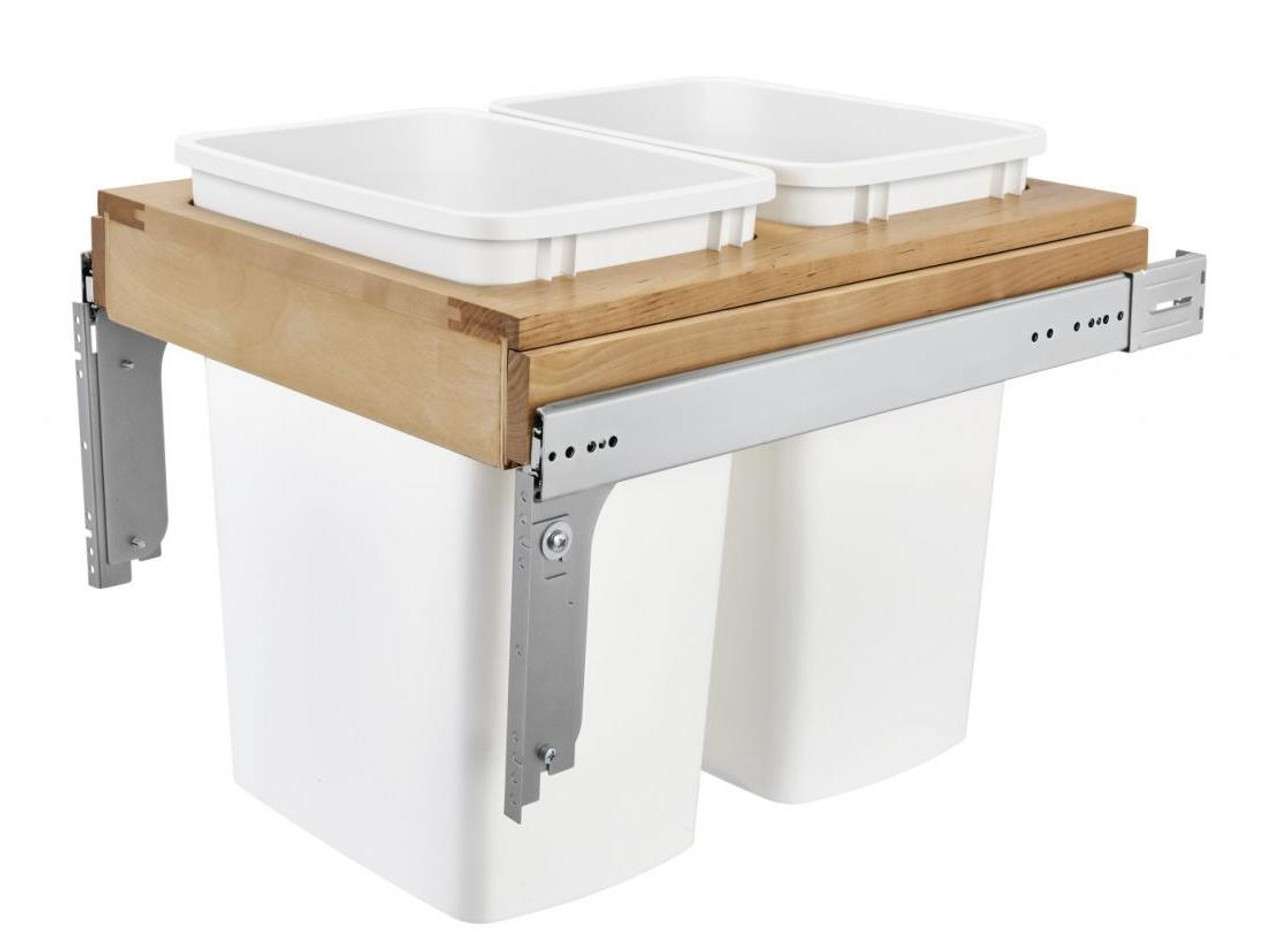  Rev-A-Shelf Double 35 Qt. Pullout Top Mount Wood and White Waste Container for Full Access Cabinet 4WCTM-21DM2-495-FL 