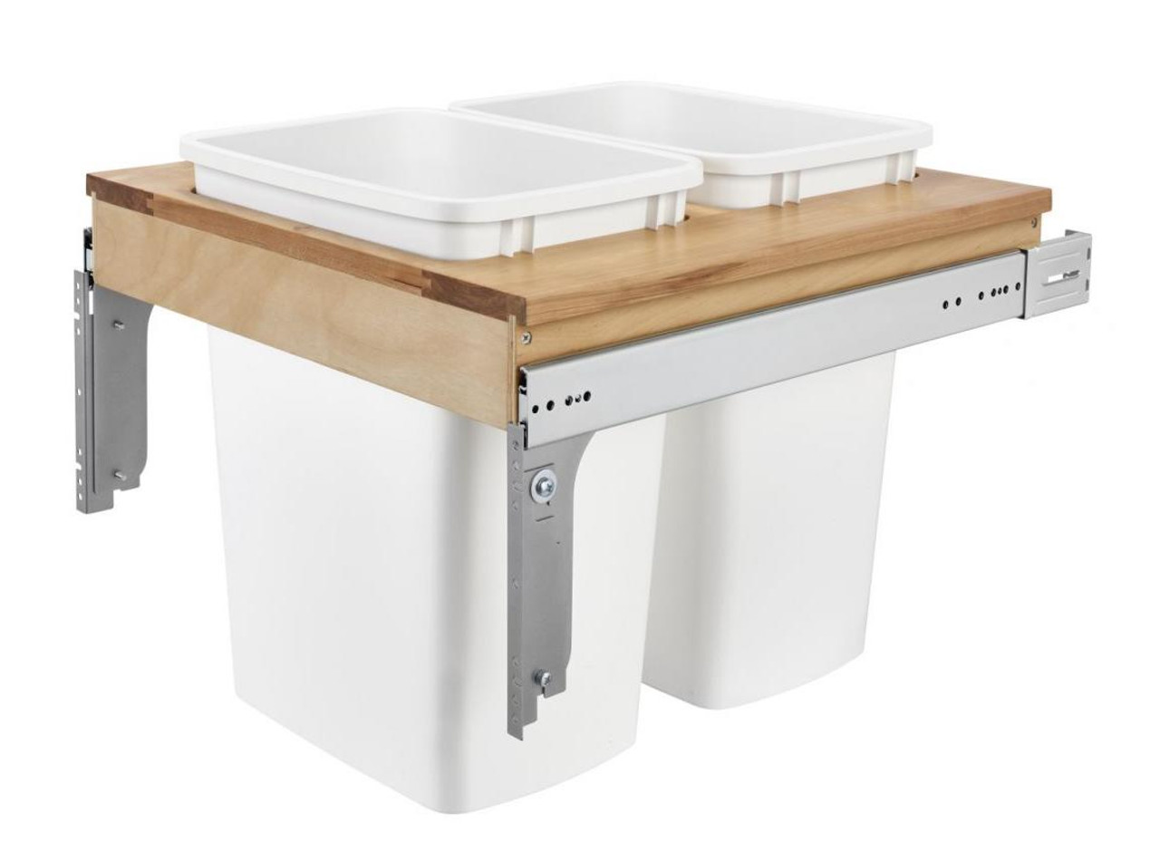 Rev-A-Shelf Double 35 Qt. Pullout Top Mount Wood and White Waste Container for 1-5/8" Face Frame Cabinet 4WCTM-24DM2 