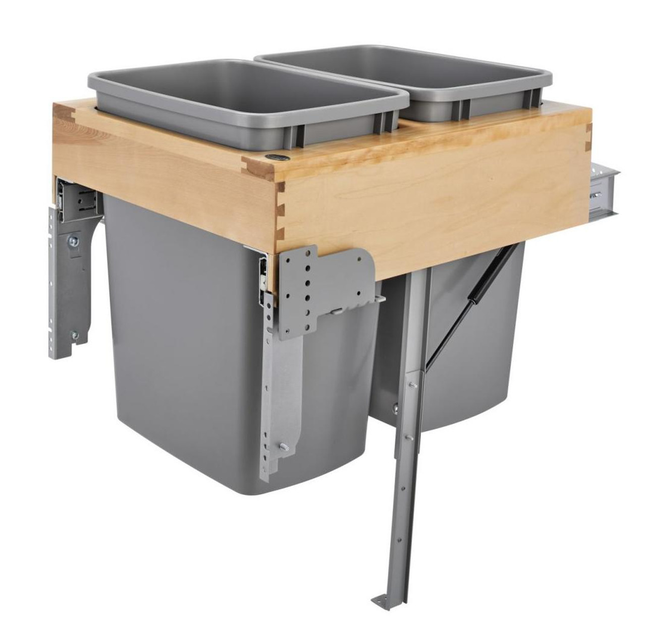  Rev-A-Shelf Double 35 Qt. Pullout Top Mount Wood and Silver Waste Container with Rev-A-Motion Soft-Close Slides 4WCTM-RM-2135DM-2 