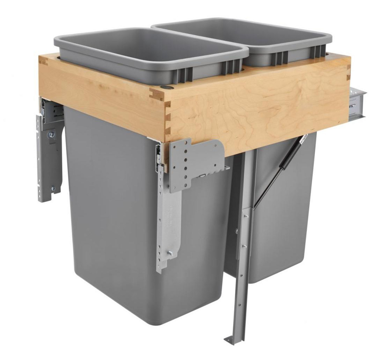  Rev-A-Shelf Double 50 Qt. Pullout Top Mount Wood and Silver Waste Container with Rev-A-Motion Soft-Close Slides 4WCTM-RM-2150DM-2 
