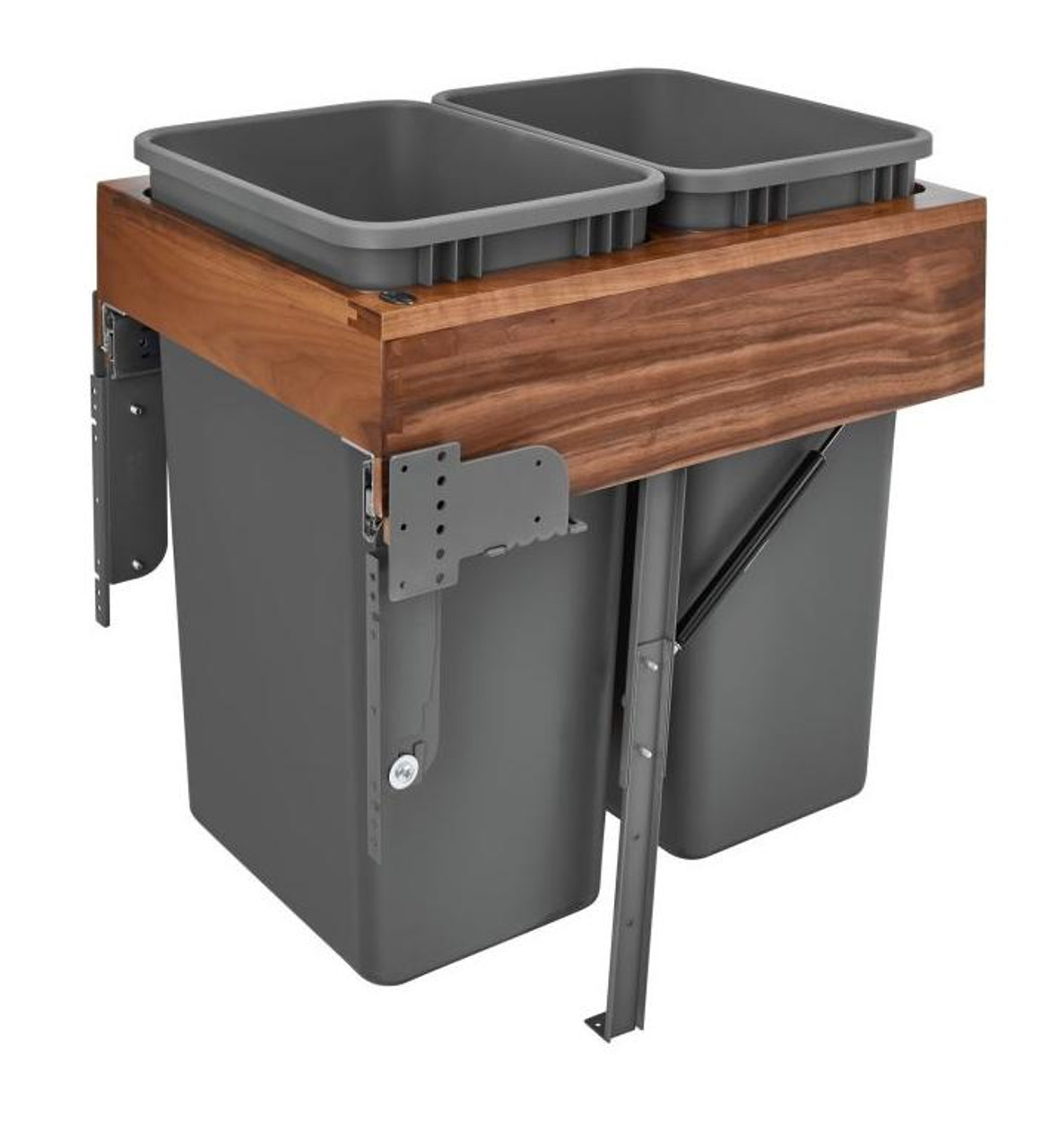  Rev-A-Shelf Walnut Top Mount Waste Pullout w/Double Orion Gray 50 qt. Container and Rev-A-Motion Soft-Close Soft-Close for 21" Full Height Base 4WCTM-WNRM-2150DM-2 