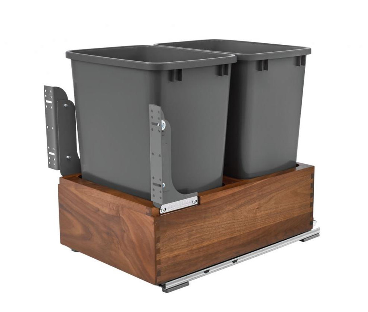  Rev-A-Shelf Walnut Bottom Mount Waste Pullout w/Double Orion Gray 35 qt. Containers and MOVENTO Soft-Close for 18" Base 4WC-WN-18DM2-SC 