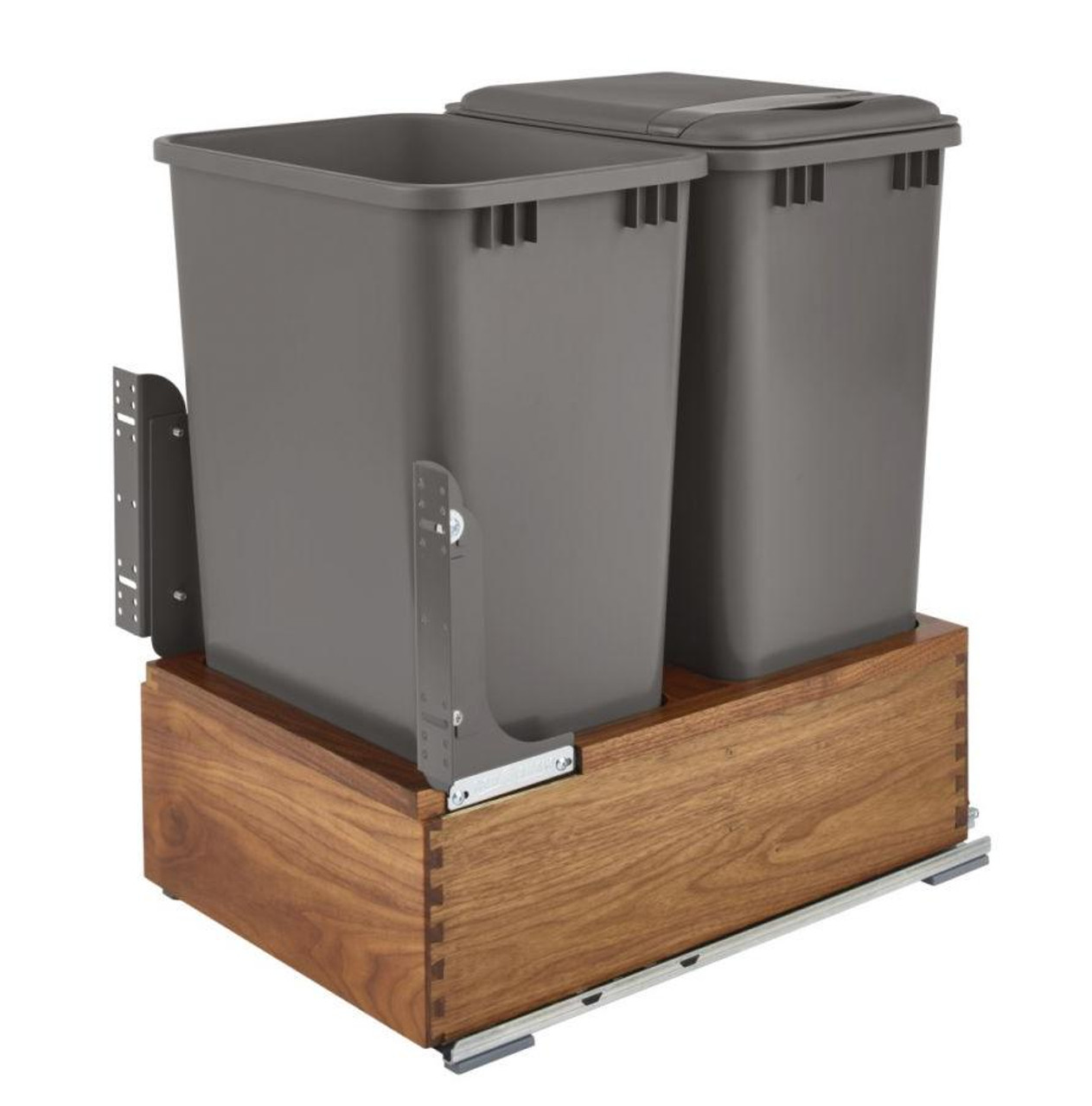  Rev-A-Shelf Walnut Bottom Mount Waste Pullout w/Double Orion Gray 50 qt. Containers and MOVENTO Soft-Close for 18" Full Height Base 4WC-WN-2150DM2-SC 