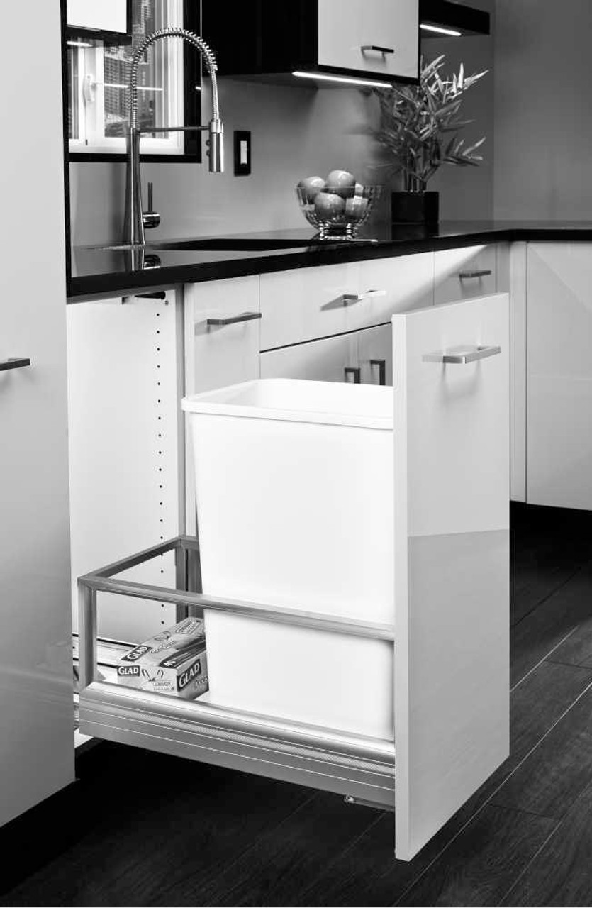 Rev-A-Shelf Rev-a-shelf Single 50 Qt. Pull-Out Brushed Aluminum and White Waste Container with Rev-A-Motion 5149-1550DM-111 