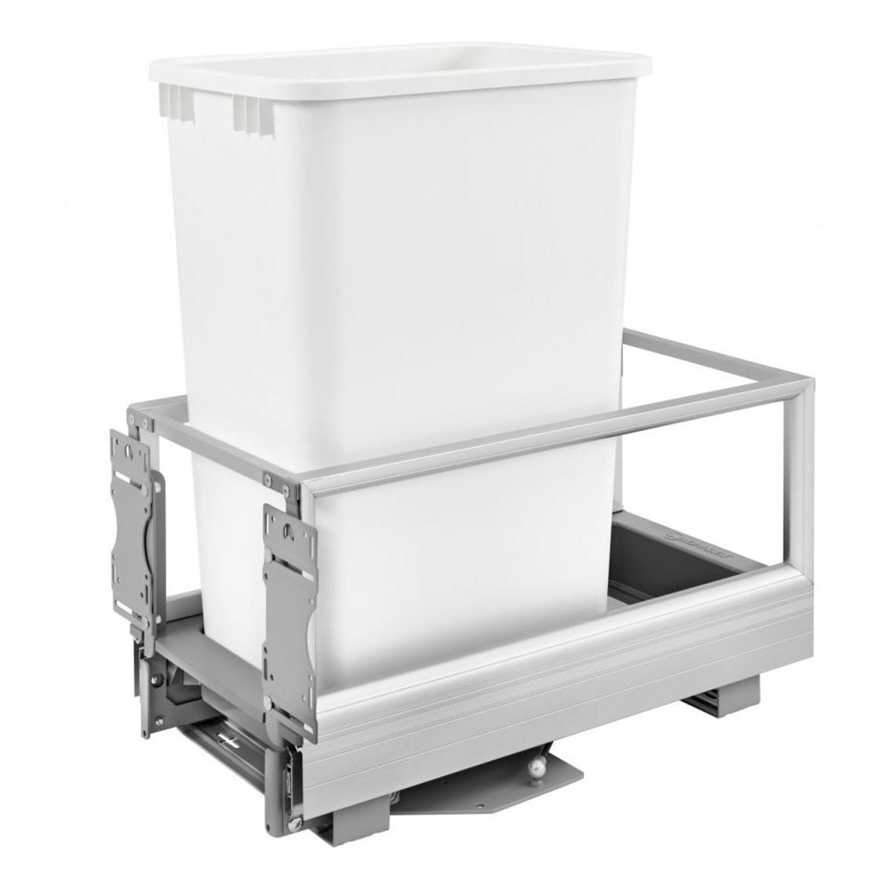 Rev-A-Shelf Rev-a-shelf Single 50 Qt. Pull-Out Brushed Aluminum and White Waste Container with Rev-A-Motion 5149-1550DM-111 