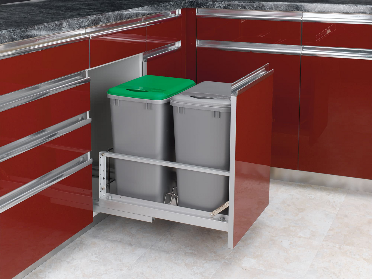 Rev-a-shelf Double 35 Qt. Pull-Out Brushed Aluminum and Silver Waste Container 5349-18DM-217