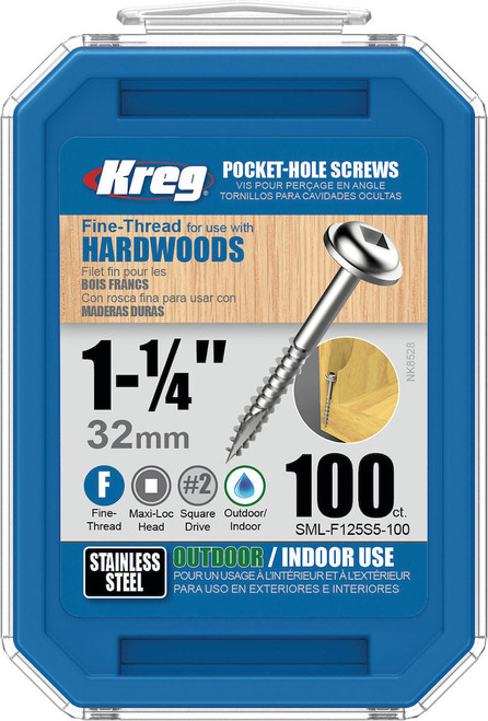 KREG Kreg Stainless Screw Fine-Thread, Maxi-Loc Head 1-1/4" x #7 100 Count Box SML-F125S5-100 