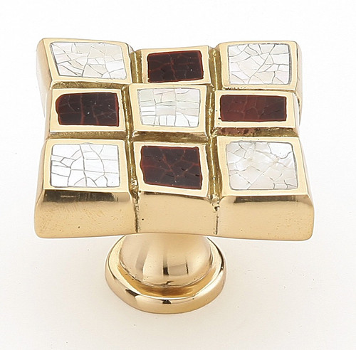 Schaub Avalon Bay Square Knob, 1-3/8" dia Red and White Mother of Pearl, Polished Brass