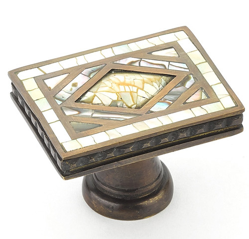 Schaub Avalon Bay Rectangular Knob, 1-7/8" Imperial Shell and Yellow Mother of Pearl inlaid on Solid Brass Aged Dover Finish
