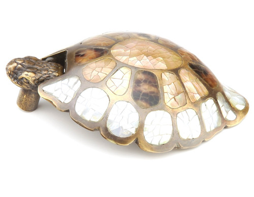 Schaub Symphony Turtle Pendant Pull Neptune Designs, 3-1/2" overall, Mother of Pearl/Tiger Penshell inlays, Estate Dover Finish Single Hole Mount