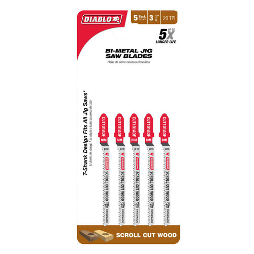  Freud Diablo 3-1/4 in. 20 TPI Bi-Metal T-Shank Jig Saw Blades for Scroll Cuts in Wood DJT101AOF5 