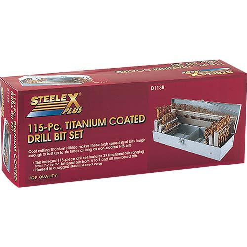 Woodstock SteeleX 115 pc. TiN Coated HSS Drill Bit Set in Steel Index D1138