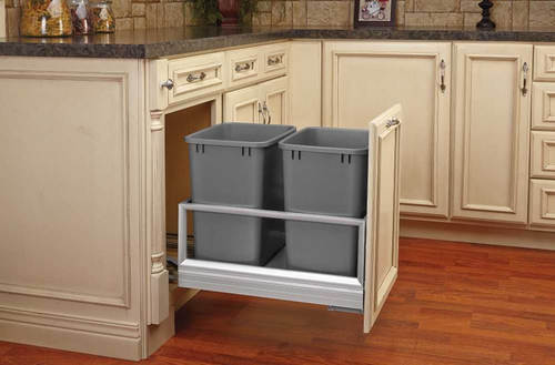 Rev-a-shelf Double 50 Qt. Pull-Out Brushed Aluminum and Silver Waste Container with Rev-A-Motion 5149-2150DM-217