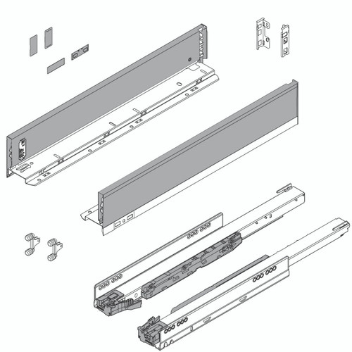  Blum 770M Series LEGRABOX Kit  125 Lb Capacity Full Extension 90.5mm Height 11-22 Inch, Orion Gray or Stainless Steel 