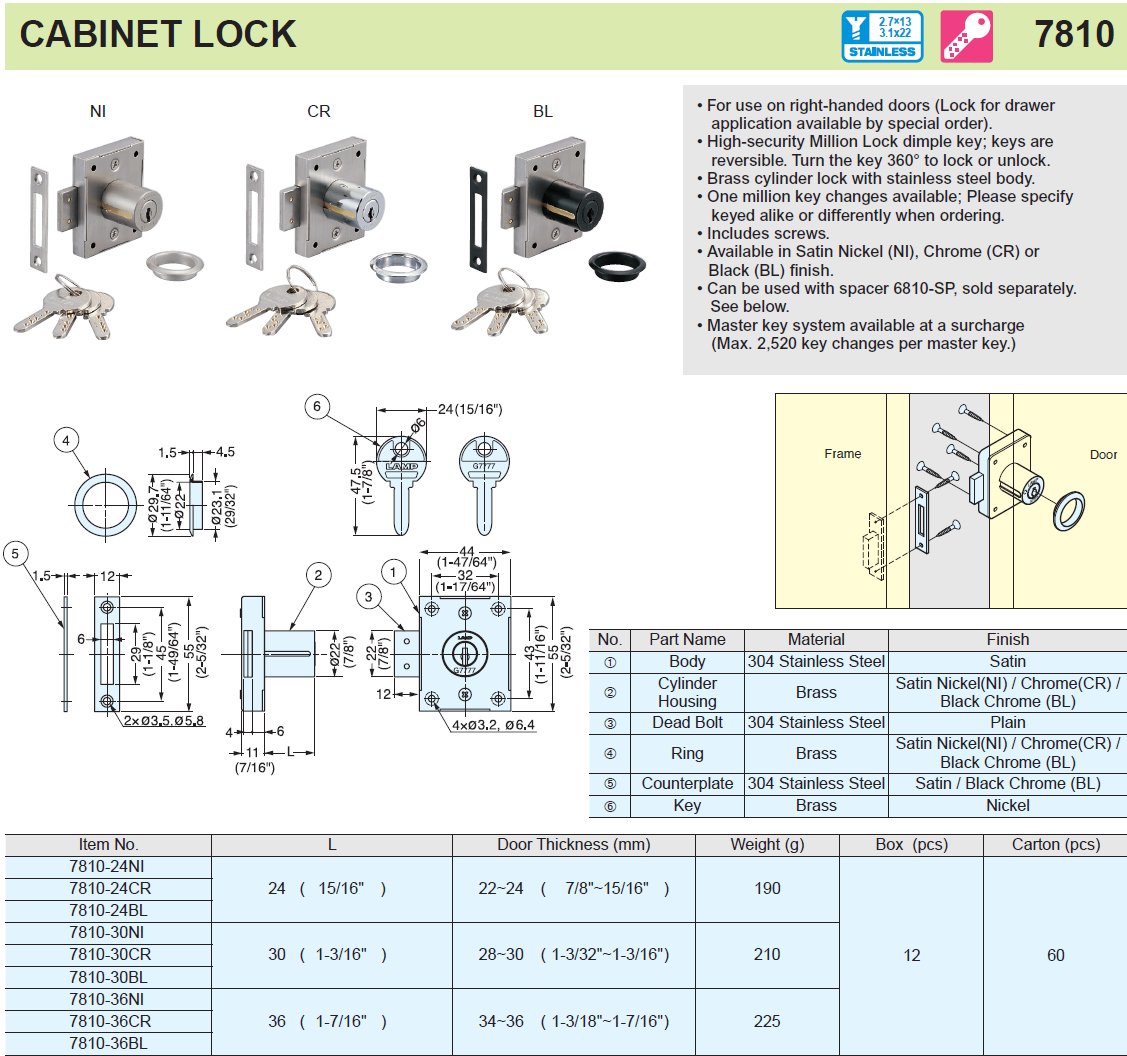 CABINET LOCK KEY ALIKE (CHROME) - Sugatsune