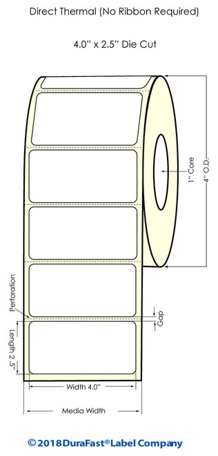 Direct Thermal White 4" x 2.5" (1UP) 575 Labels/Roll Sold by Durafast Label Company