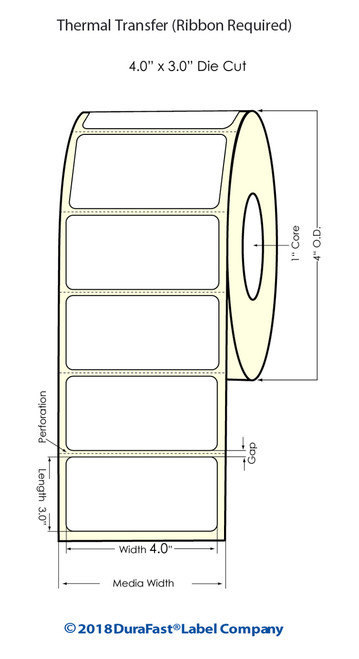 Thermal Transfer White 4" x 3" (1UP) 500 Labels/Roll Sold by DuraFast Label Company