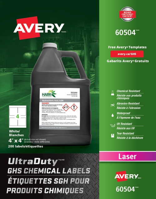 Avery 60502 UltraDuty GHS Chemical Labels 4" x 4" Laser Label Sheet