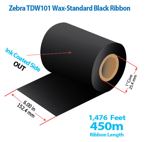 Zebra 6" x 1476 feet TDW101 Wax-Standard Ribbon with Ink OUT | 12/Ctn