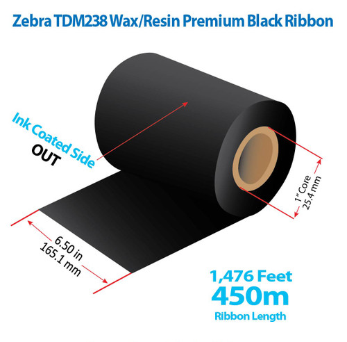 Zebra 6.5" x 1476 feet TDM238 Wax/Resin Premium Ribbon with Ink OUT | 12/Ctn