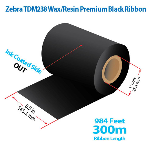 Zebra/Godex 6.5" x 984 feet TDM238 Wax/Resin Premium Ribbon with Ink OUT | 6/Ctn