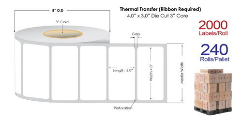 Thermal Transfer 4" x3" Matte Paper Labels 2000/Roll - 3" Core | 8" OD / 4 Rolls/Carton