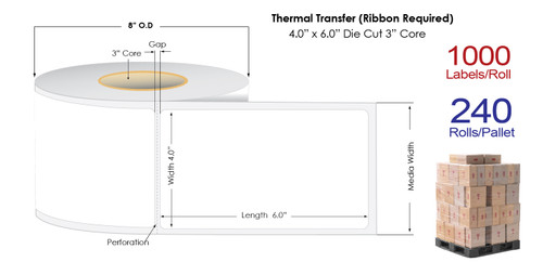 Thermal Transfer 4" x 6" Matte Paper Labels 1000/Roll - 3" Core | 8" OD / 4 Rolls/Carton