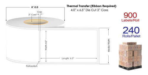 Thermal Transfer 4" x 6.5" Matte Paper Labels 900/Roll - 3" Core | 8" OD | 4 Rolls/Carton