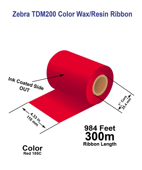 Zebra 4.33" x 984 feet RED 185C TDM200 Wax/Resin Colour Ribbon with Ink OUT | 24/Ctn