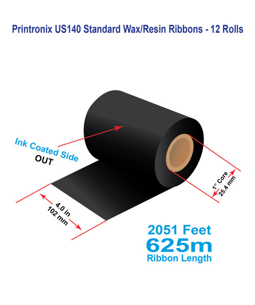 Printronix 4" x 2051 ft US140 Black Wax/Resin Ribbon - 12 Rolls