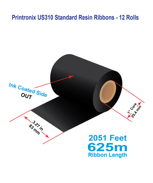 Printronix 3.27" x 2051 ft US310 Black Resin Ribbon - 12 Rolls