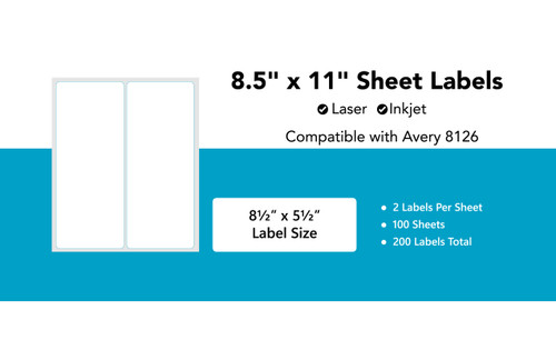 Avery 8126 Compatible Laser/Inkjet Sheet Labels - 8.4"x5.5" 2/Sheet - 100 Sheet Pack